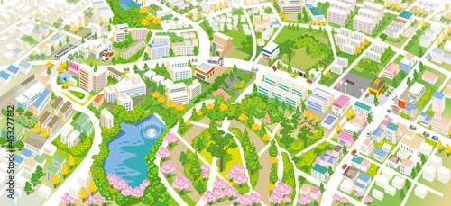 公園と池のある街並みの風景