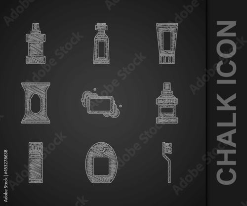 Set Bar of soap, Bottle shampoo, Toothbrush, Mouthwash bottle, Shaving gel foam, Wet wipe pack, Tube toothpaste and for cleaning agent icon. Vector