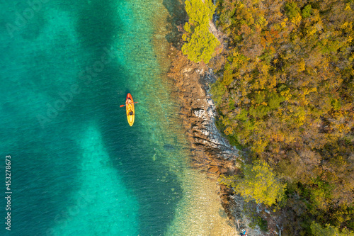 Aerial view of the kayaking on the Adriatic Sea near Korcula, Croatia