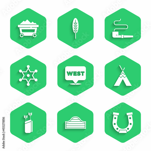 Set Pointer to wild west, Saloon door, Horseshoe, Indian teepee wigwam, Quiver with arrows, Hexagram sheriff, Smoking pipe and Coal mine trolley icon. Vector