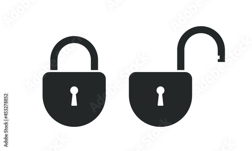 Lock closed and lock open graphic icons. Locks signs isolated on white background. Symbols security in flat design. Vector illustration