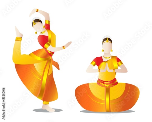 Indian women performing bharatnatyam dance in traditional dress vector. photo