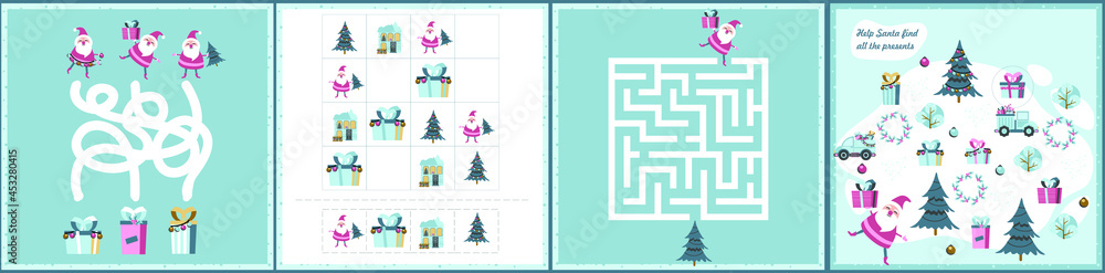 Fototapeta premium Christmas maze. I spy. Kids mini game for development.