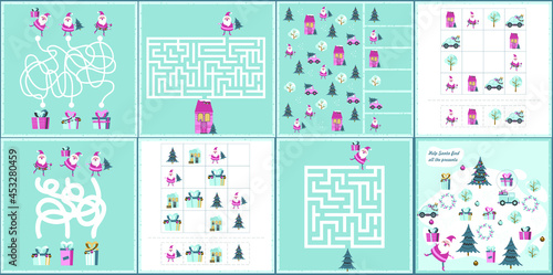 Christmas maze. I spy. Kids mini game for development.