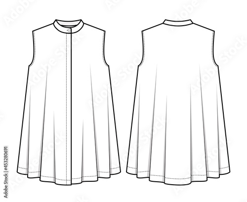 Fashion technical drawing of sleeveless A-line shirt