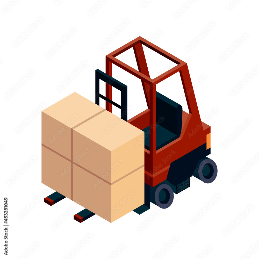 Isometric logistics. Transportation isometric element. Forklift loaded. Vehicle designed to carry large numbers of goods Isometric logistics. Transportation isometric element. Forklift loaded. Vehicle designed to carry large numbers of goods