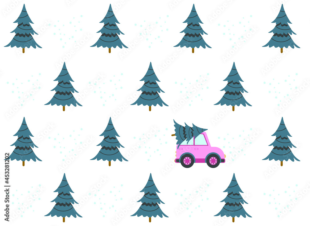 Christmas tree and toy car. Vector pattern. Fir-tree forest. 