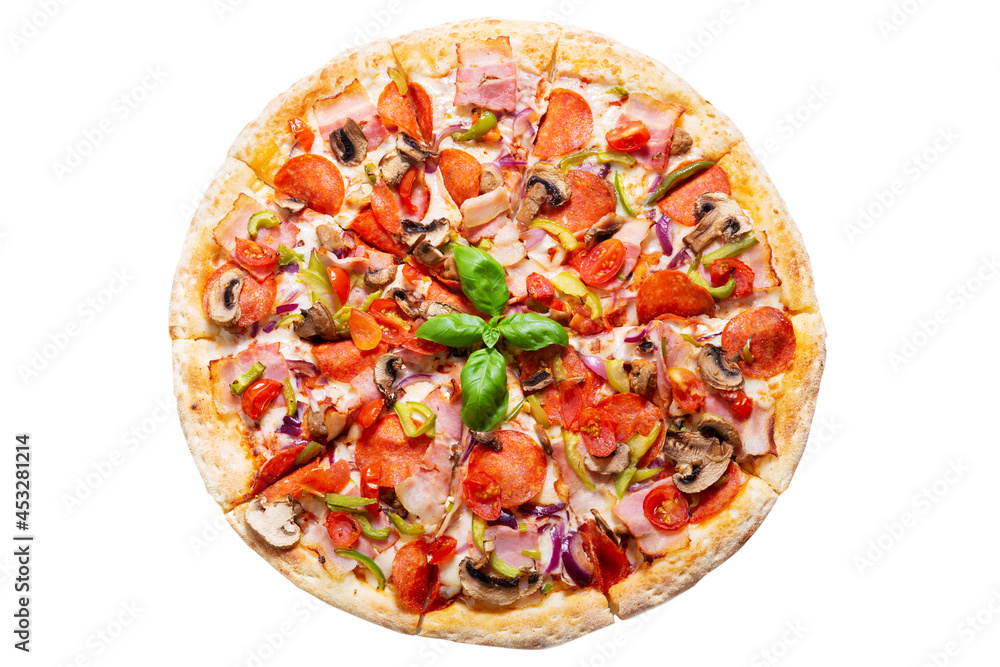 pizza with bacon, mushrooms, salami and vegetables isolated on white background pizza with bacon, mushrooms, salami and vegetables isolated on white background