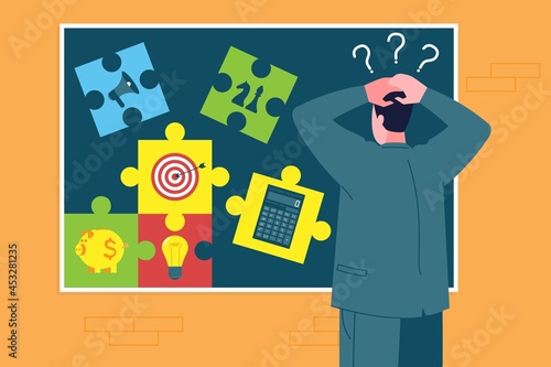 Business startup concept. Businessman is at a loss, plans, thinks how to start a business and put together all its elements and puzzles. Organization of entrepreneurial activity at the initial stage