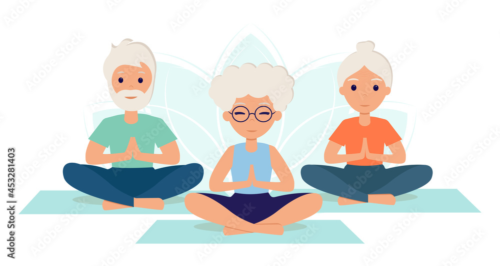 Elderly people do yoga, practice meditation. Yoga class. Older women and men exercise to maintain an active healthy lifestyle. Yoga practice. Illustration in flat style for fitness concept. Elderly people do yoga, practice meditation. Yoga class. Older women and men exercise to maintain an active healthy lifestyle. Yoga practice. Illustration in flat style for fitness concept.