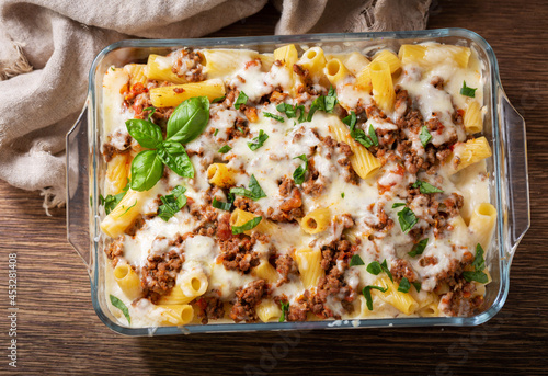Baked rigatoni pasta with beef, top view