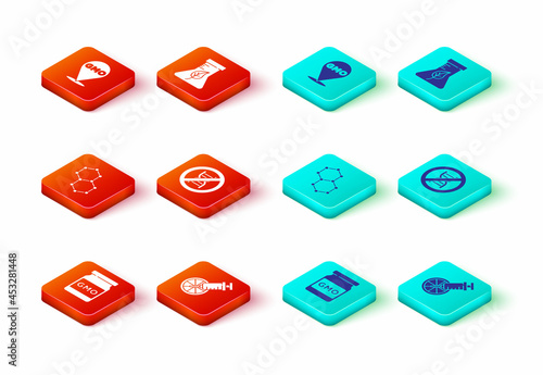 Set GMO, Genetically modified orange, Chemical formula, Stop, Test tube and flask and icon. Vector