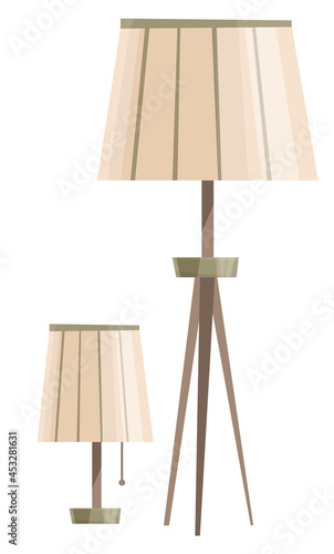 Two lamps for the interior. Tabletop and floor standing isolated on white background. Interior items, vector flat style illustration. 