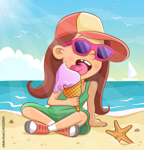 Little girl eating ice cream in a waffle cone. Cool child in sunglasses and cap on the sea beach. Vector illustration. Summer background with sea  sky  clouds  starfish and sailboat.