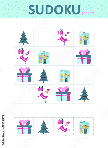Sudoku for kids. Sudoku with a Christmas tree, gifts, toys, balls and flashlights.. Children's puzzles. Educational game for children.