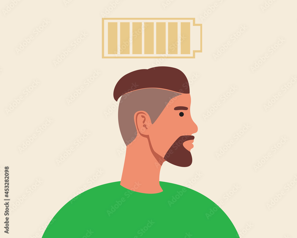 Recuperation, mental health of a man, Flat vector stock illustration with Battery charge as a concept of relaxation, strength in a healthy psyche Recuperation, mental health of a man, Flat vector stock illustration with Battery charge as a concept of relaxation, strength in a healthy psyche