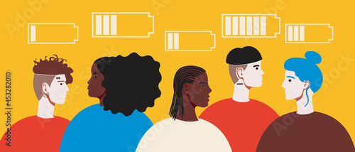 Emotional burnout in people, Flat vector stock illustration with Battery charge as a concept of burnout, Emotional and mental health of society