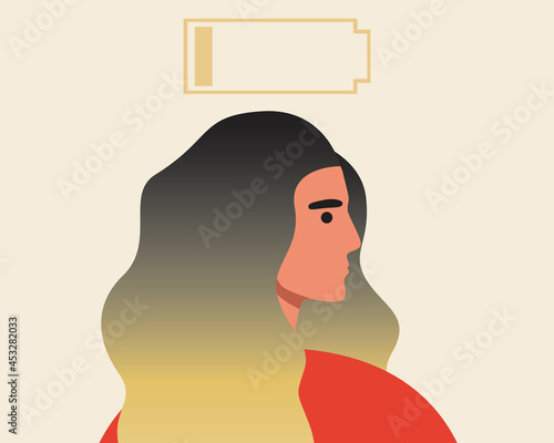 Emotional Burnout in Woman, Flat Vector Stock Illustration with Battery Charge as a Stress and Depression Concept