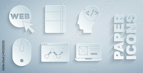 Set Website statistic, Front end development, Computer mouse, UI or UX design, Sketchbook album and and graphic icon. Vector