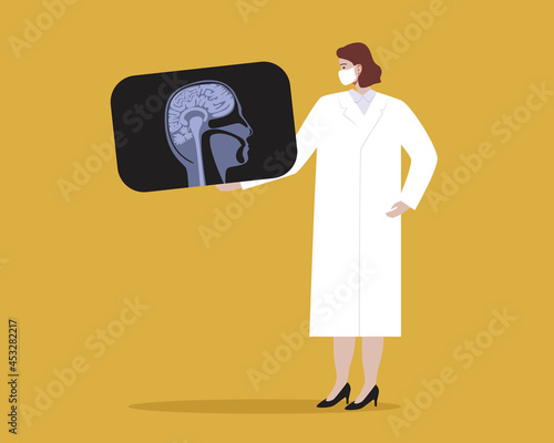 Neurosurgeon or neurologist with head x-ray shot, Flat vector stock illustration as a concept of brain examination and treatment