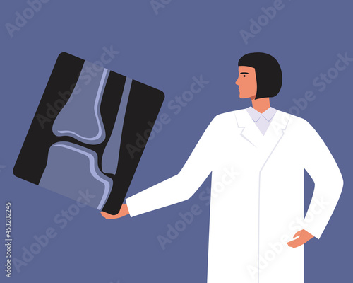 Traumatologist with X-ray picture of bone fracture, Flat vector stock illustration as a concept of traumatology and arthritis treatment