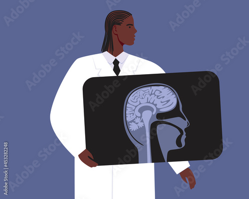 African doctor with head x-ray shot, flat vector stock illustration as a brain examination and treatment concept