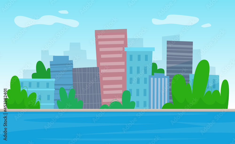 City river with skyscrapers background. Flat style illustration. 