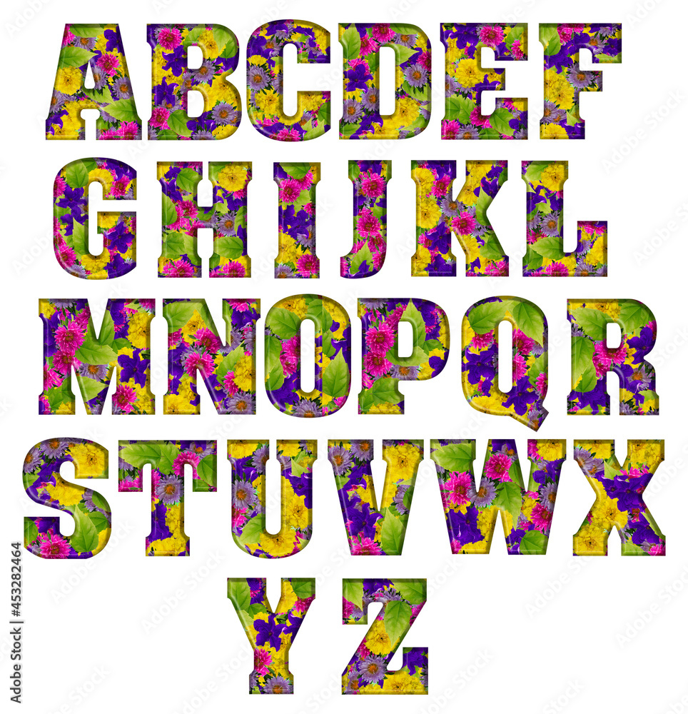 Naklejka premium Alphabet letters made from photo flowers.