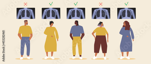 Patients with MRI scan of lungs, pneumonia prevention, Flat vector stock illustration with CT scan of lungs and People are healthy or sick