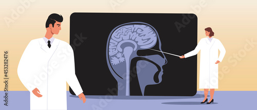 Doctors education, computer brain tomogram, flat vector stock illustration with medical education or student doctor with MRI brain scan