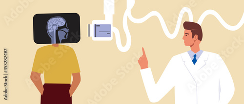 Patient with MRI brain, flat vector stock illustration with doctor and MRI machine or computer tomograph for head and brain examination