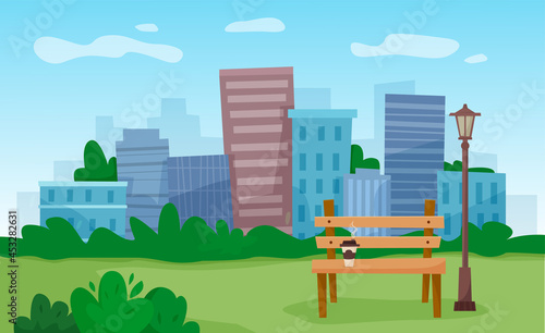 Bench in city park with skyscrapers background. Vector illustration