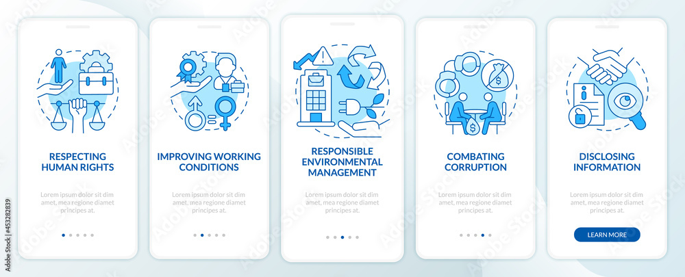 CSR issues blue onboarding mobile app page screen. Corporate social responsibility walkthrough 5 steps graphic instructions with concepts. UI, UX, GUI vector template with linear color illustrations CSR issues blue onboarding mobile app page screen. Corporate social responsibility walkthrough 5 steps graphic instructions with concepts. UI, UX, GUI vector template with linear color illustrations