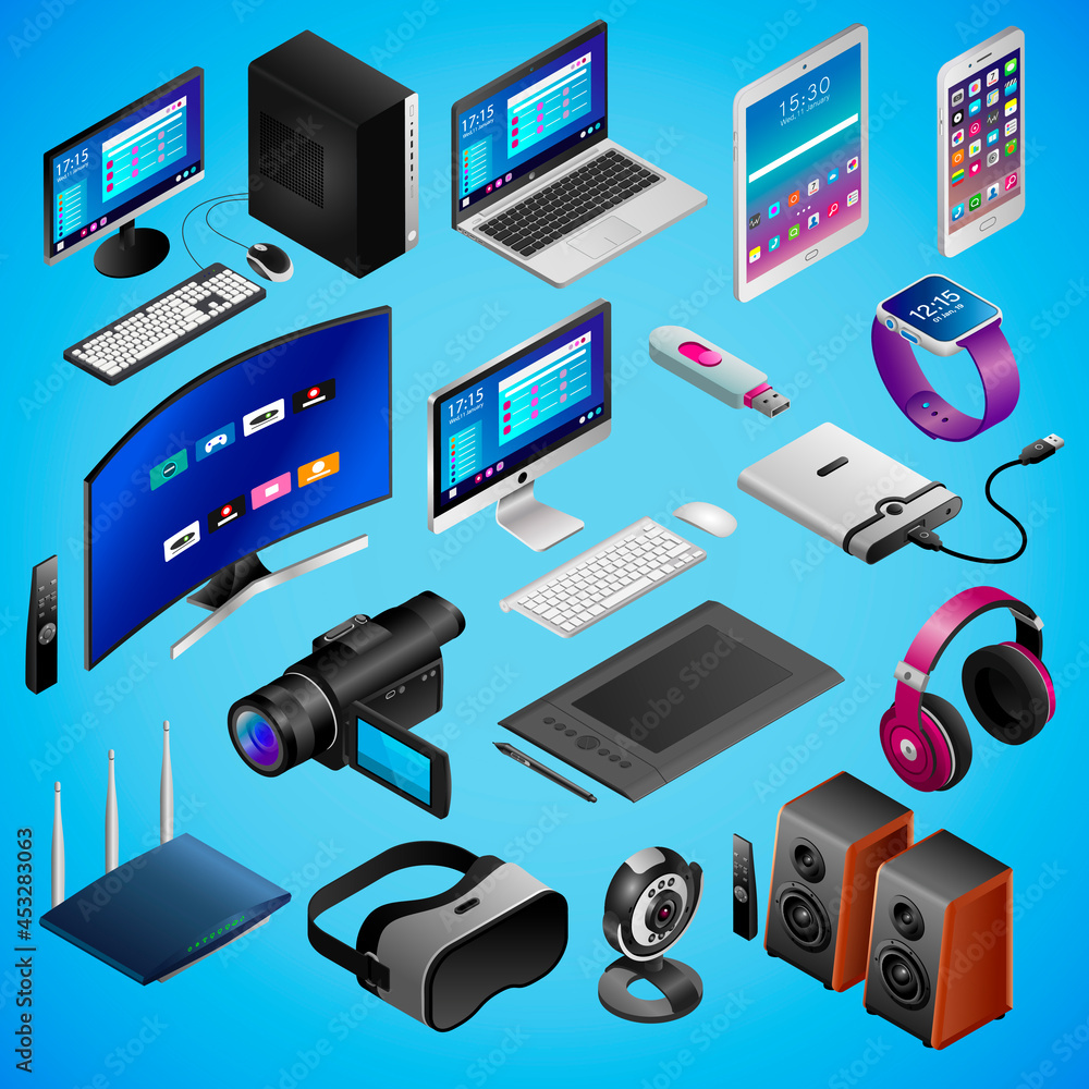 Vecteur Stock Realistic gadgets, digital devices, pc, tech in isometry  isolated on blue background. Big vector set of isomectric devices: camera,  webcam, smartphone, laptop, smartwatch, virtual reality glasses