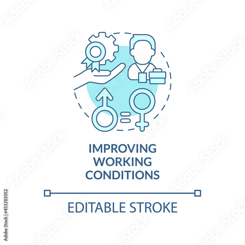 Improving working conditions blue concept icon. Work rights protection abstract idea thin line illustration. Corporate social responsibility. Vector isolated outline color drawing. Editable stroke © bsd studio