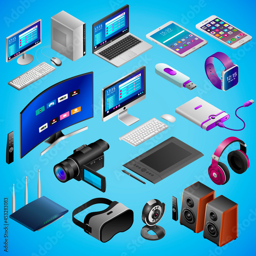 Realistic gadgets, digital devices, pc, tech in isometry isolated on blue background. Big vector set of isomectric devices: camera, webcam, smartphone, laptop, smartwatch, virtual reality glasses