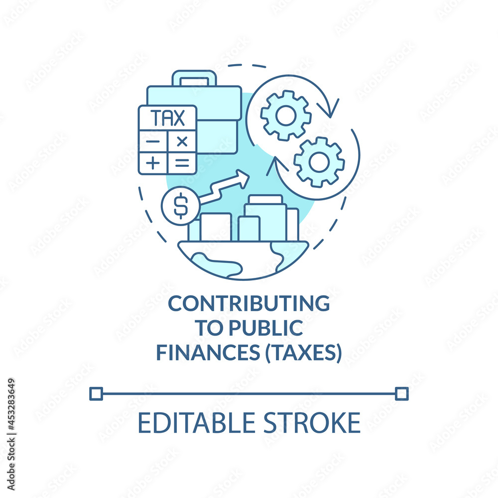 Contributing to public finances blue concept icon. Paying taxes abstract idea thin line illustration. Corporate social responsibility. Vector isolated outline color drawing. Editable stroke Contributing to public finances blue concept icon. Paying taxes abstract idea thin line illustration. Corporate social responsibility. Vector isolated outline color drawing. Editable stroke