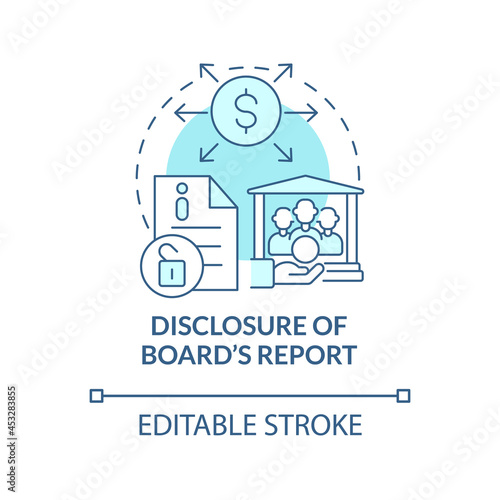 Disclosure of board report blue concept icon. Transparent activities abstract idea thin line illustration. Corporate social responsibility. Vector isolated outline color drawing. Editable stroke
