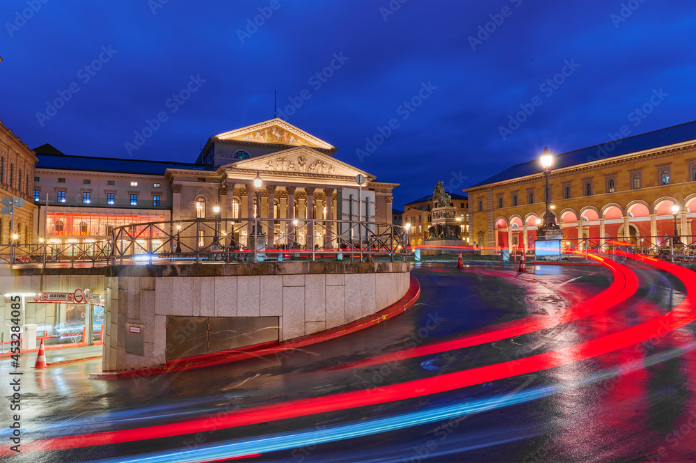 Naklejka premium Bayerische Staatsoper and Residenztheater at Max-Josephs-Platz in Munich during the blue hour, Bavaria, Germany, Europe