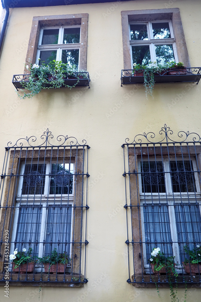 Obraz na plátně windows and window sill gardens on traditional European German house - travel an