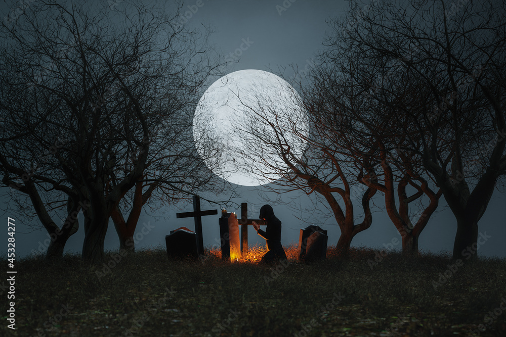 Obraz premium spooky graveyard with full moon background