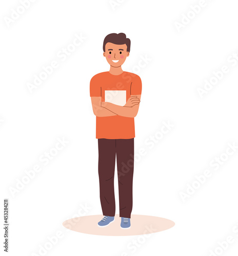 Boy with crossed arms isolated. Vector flat style cartoon illustration