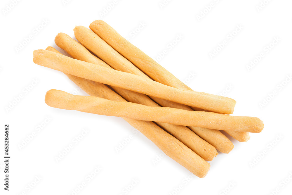 Fresh delicious grissini sticks on white background, top view Fresh delicious grissini sticks on white background, top view
