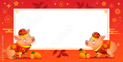 chinese background with empty white papper banner, two pigs in traditional chinese costumes and floral chinese pattern on red background