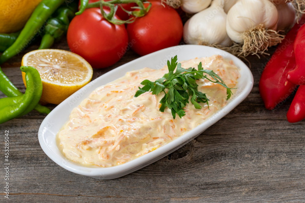 Carrot salad is prepared with grated carrots, garlic and yogurt. Traditional turkish cuisine Carrot salad is prepared with grated carrots, garlic and yogurt. Traditional turkish cuisine