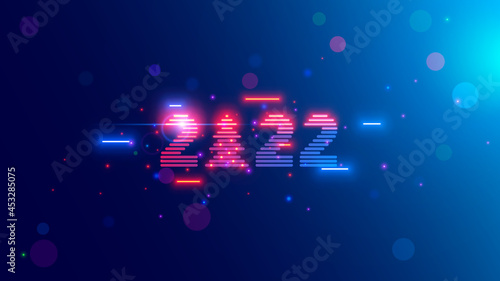 2022 year vision logo on blue background with neon lamps, christmas tree. Tech cyberpunk style digits 20 22. New year card in digital retro 80th or 90s design. Xmas computer number 2022 for banner.