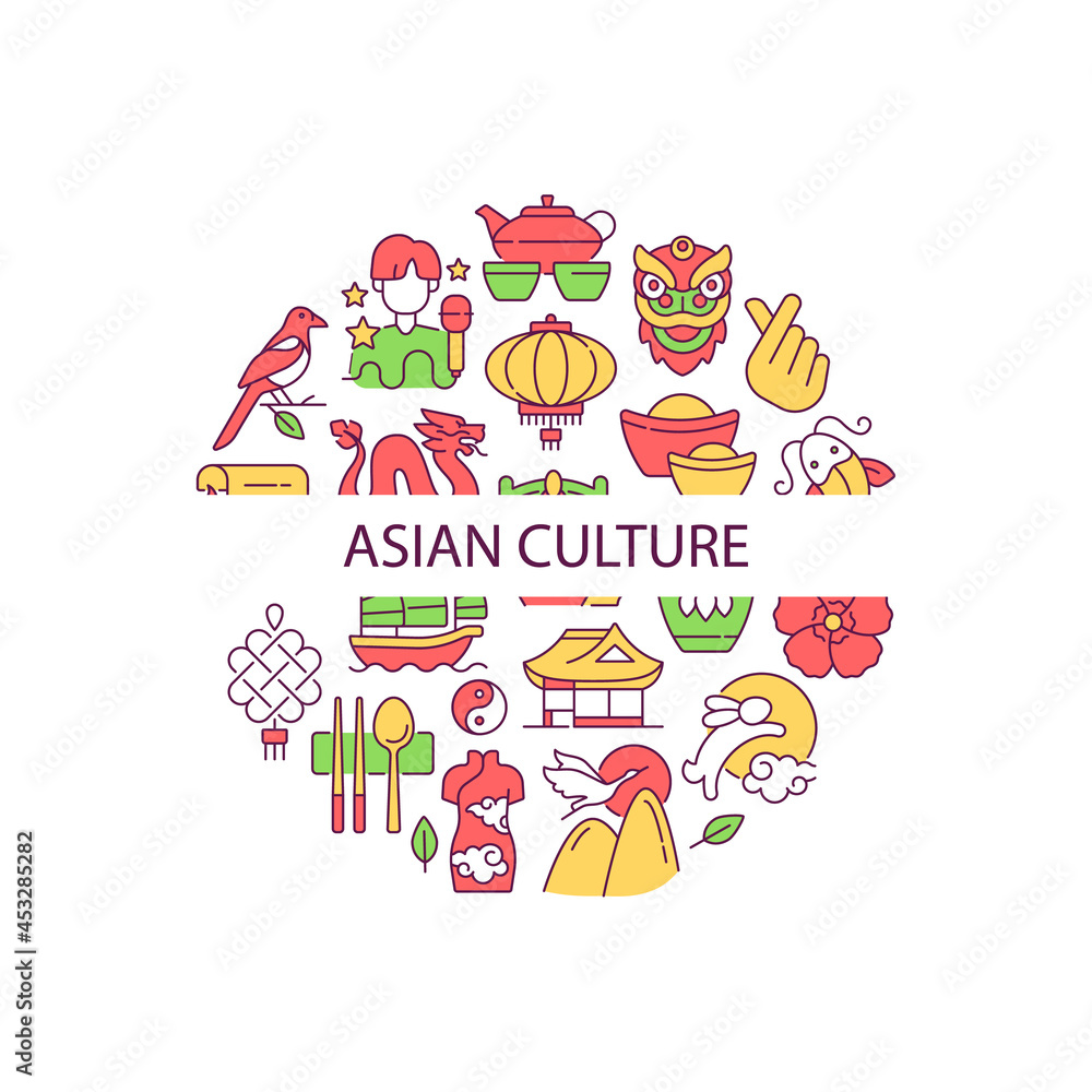 Asian culture abstract color concept layout with headline. Eastern traditions. South Korea. Japan cultural symbols. Asia creative idea. Isolated vector filled contour icons for web background