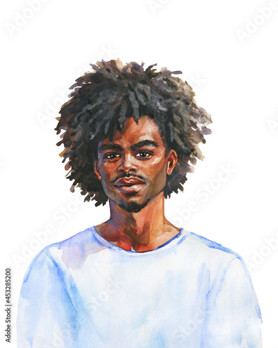 Hand drawn young handsome African man with beard. Watercolor realistic portrait on white background. Painting fashion illustration.