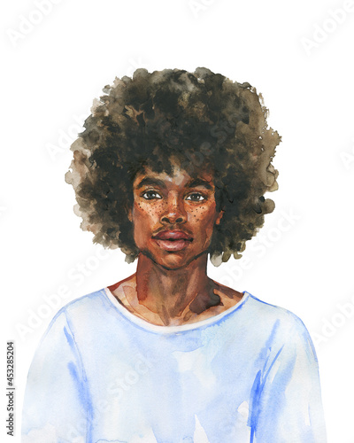 Hand drawn young handsome African man with freckles. Watercolor realistic portrait on white background. Painting fashion illustration.
