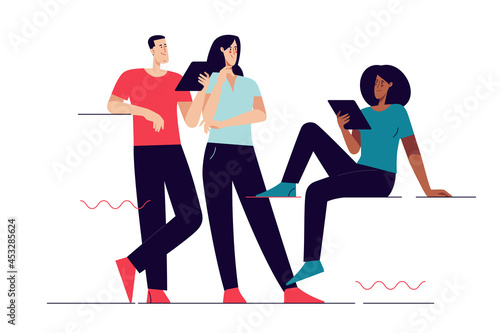 Flat style outline vector illustration depicting group of people on the subject of teamwork. Editable stroke